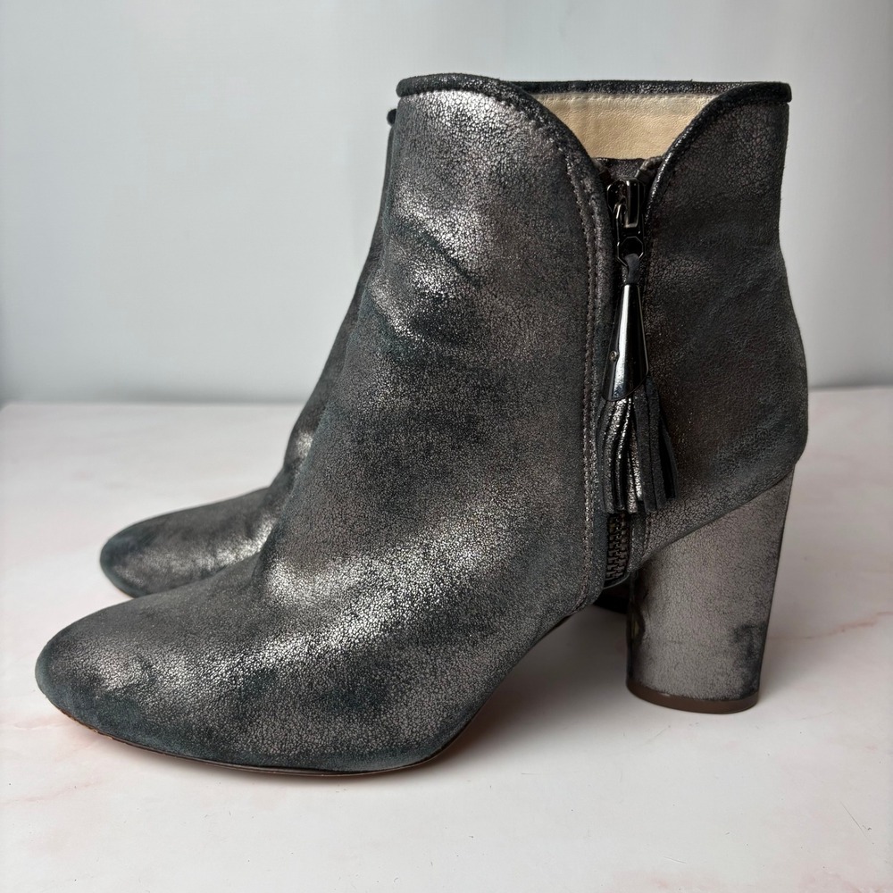 Louise et Cie Zirelle Metallic Charcoal Leather Ankle Booties Block Heel 9.5M - Picture 3 of 8